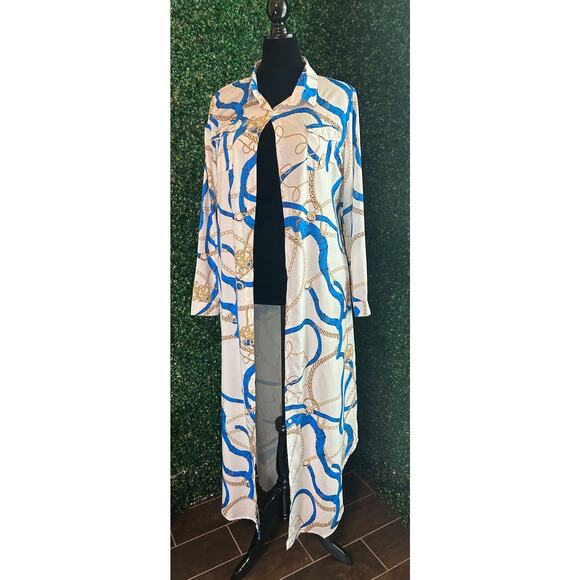 White & Blue Chain Link Maxi Shirt Dress - Size 4XL (Runs Small) - Picture 1 of 9